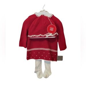 Tahari Baby NWT 3-Piece Holiday Red Knit Baby Dress, Hat and Cream Tights
